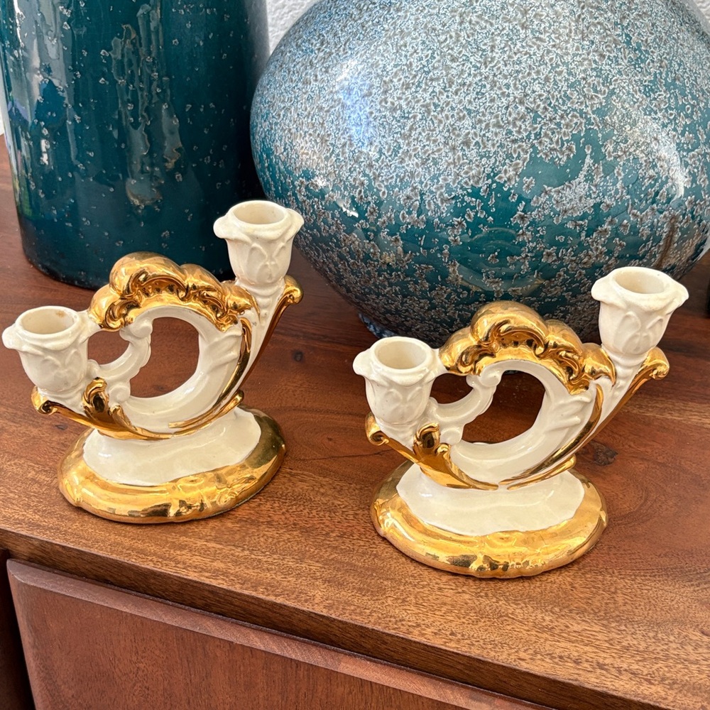 Decorative White and Gold Porcelain Double Candle Holders